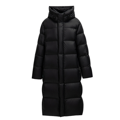 雪伦修身黑金长款连帽加厚羽绒服