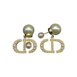 耳环高版本CD字母耳钉双珍珠耳夹女无耳洞D家耳饰高级感气质耳坠