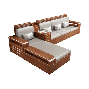 新中式胡桃木实木沙发组合冬夏两用客厅大小户型储物转角木质沙发