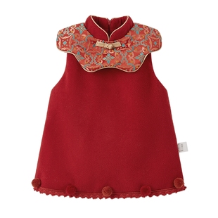[保暖加绒]女童红色背心裙中国风秋冬宝宝连衣裙新年周岁儿童冬装
