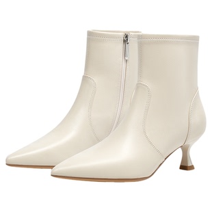 KISSCAT接吻猫[巴黎侧影]舒适尖头细跟真皮短靴加绒时装靴瘦瘦靴