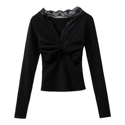 蕾丝花边扭结V领打底衫上衣