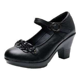 真皮三步踩舞鞋水兵舞单鞋四季2022款粗跟室外交际广场舞牛皮女鞋