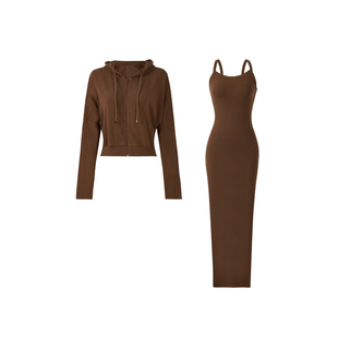 XULU原创美拉德系列气质连帽拉链长袖小外套吊带包臀连衣裙套装