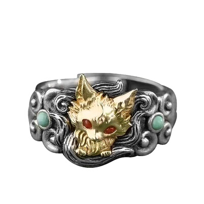 重工九尾狐纯银戒指国风狐狸食指