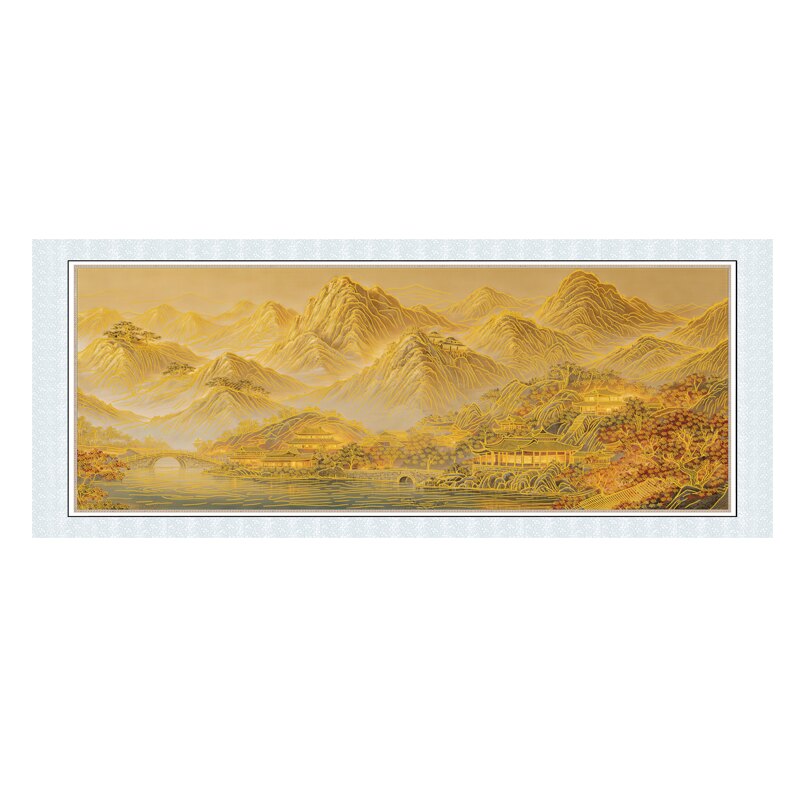 新中式浮雕描金山水画沙发背景