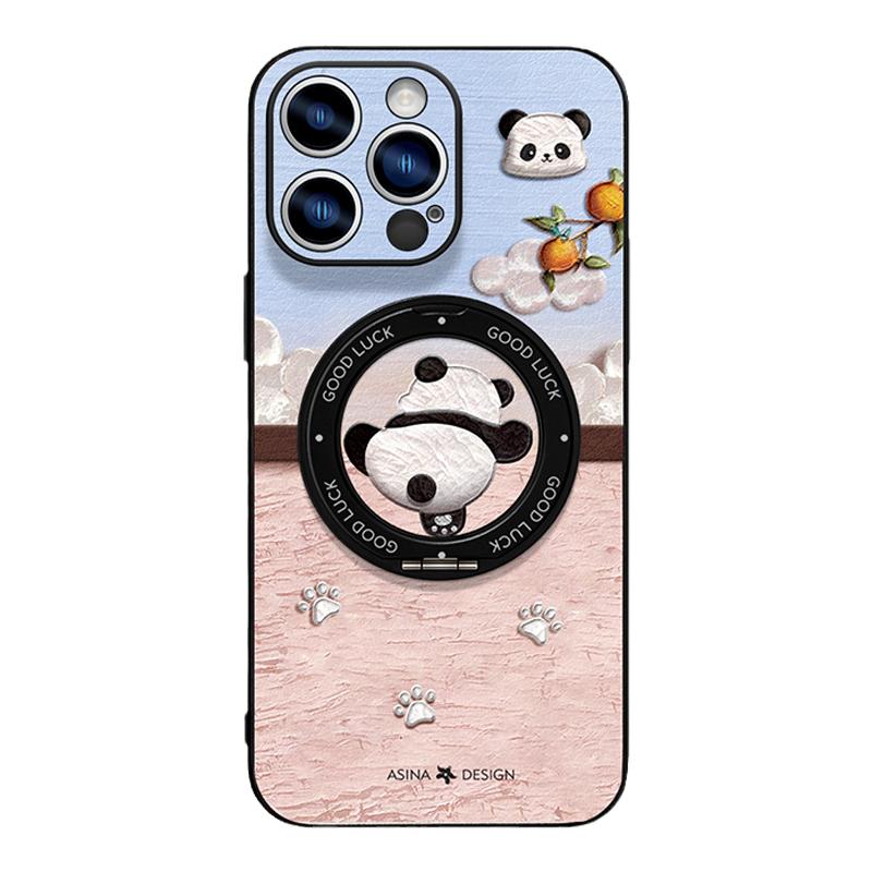 攀爬熊猫适用苹果15Promax手机壳新款磁吸带支架iPhone16Pro保护套支点软边ip14高级感的可爱女13pm全包Ho3
