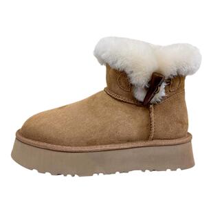2025冬厚平底雪地靴皮毛一体单时尚牛角扣增高短靴东北纯羊毛保暖