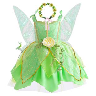 豪华版小叮当Tinkerbell裙子奇妙仙子绿精灵连衣裙万圣节儿童服