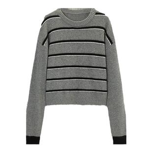 TKY SHOP宽松圆领针织衫女2025冬新款毛衣慵懒高级感黑白条纹上衣