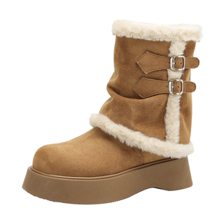 达芙妮厚底雪地靴女款2026新款冬季加绒保暖棉鞋毛毛中筒勃肯棉靴