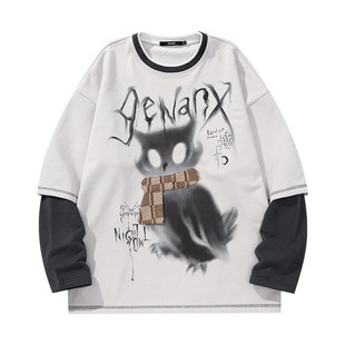 GENANX闪电潮牌2025秋季新款拼接假两件卡通印花纯棉高超同款卫衣