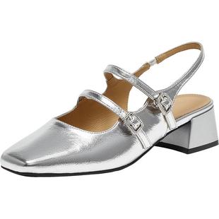 百思图2025夏季新款简约时尚通勤方头粗跟后空女凉鞋F5161BH5