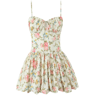 【包邮】法式小众复古碎花吊带连衣裙胸前系带镂空收腰显瘦A字裙