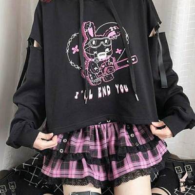 大码300斤花边辣妹半身裙秋冬款女学院风胖MM暗黑连帽短款卫衣潮
