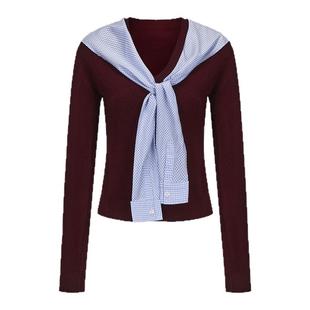 LACERTA 2025秋季新款披肩针梭拼接针织毛衣学院风蓝格纹羊毛上衣