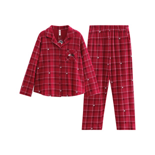 芬腾情侣睡衣女春秋纯棉格子长袖抗菌套装红色结婚本命年男家居服