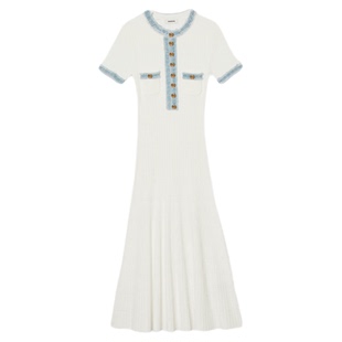 SANDRO春夏女装法式简约气质白色撞色毛边牛仔镂空长款针织连衣裙