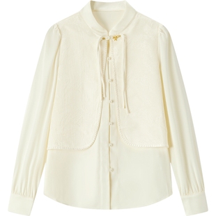 爱居兔新中式立领衬衫女长袖秋季假两件休闲上衣