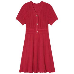 SALT.P可颜2025夏季新款樱桃红V领短袖收腰a字针织连衣裙短款