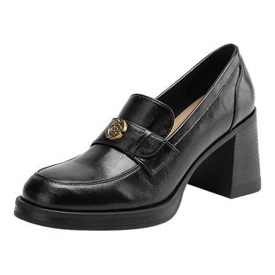 达芙妮山茶花乐福鞋女2026新款秋季粗跟高跟单鞋增高英伦风小皮鞋