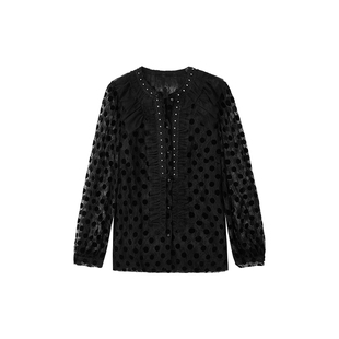 佧茜文法式甜美蕾丝小衫百搭春季新款植绒波点花边两件套上衣女