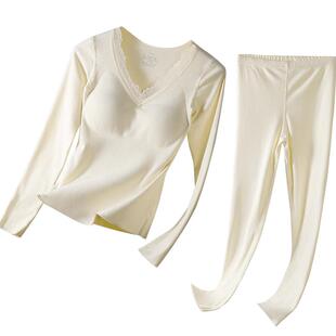 猫人带胸垫保暖内衣女v领蕾丝边打底衫羊绒冬可外穿秋衣秋裤套装