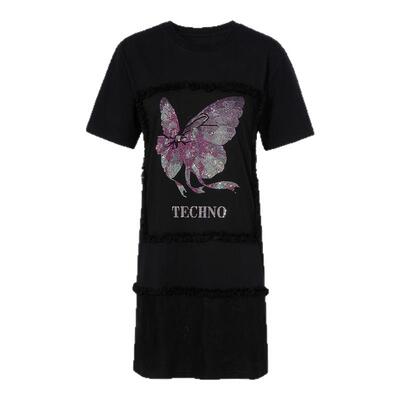 TCH蝴蝶烫钻设计感时尚休闲百搭圆领宽松连衣裙女T75B30B1002