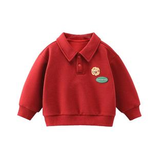 齐齐熊男童卫衣红色秋冬长袖儿童翻领衣服宝宝加绒polo上衣拜年服