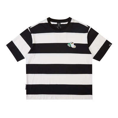 韦恩泽维尔大码黑白粗条纹t恤男宽松加肥加大半袖珠地棉透气8684