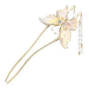 新中式蝴蝶珍珠款发簪女士古风流苏气质u型盘发簪子国风发饰头饰