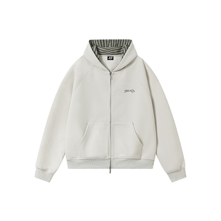 FORNINES条纹拼接刺绣连帽卫衣男女情侣装上衣双拉链开衫春季外套