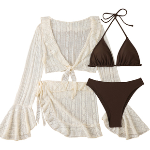 欧美高级感分体泳衣四件套女大码胖mm长袖罩衫防晒海边度假比基尼