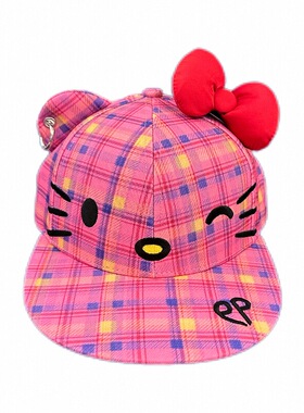 粉色格子恶搞Kitty平檐帽