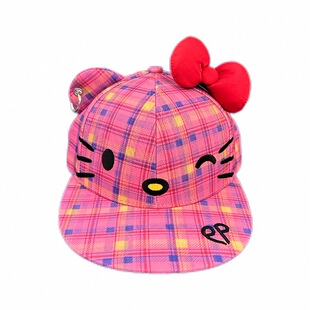 PUPIL FAT原创恶搞粉格子Kitty棒球平檐帽 可拆卸蝴蝶结 可爱卡通