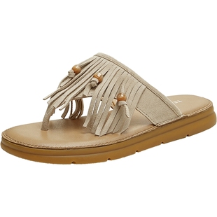 天美意复古一字拖夹趾海边度假平底拖鞋女外穿人字凉拖2025夏新款