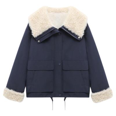 百家好翻领毛毛拼接短款外套女26冬季新款工装风蓝色加厚好看上衣