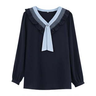 绮娑大码女装秋季新款法式上衣V领直筒宽松显瘦胖MM长袖重工衬衫