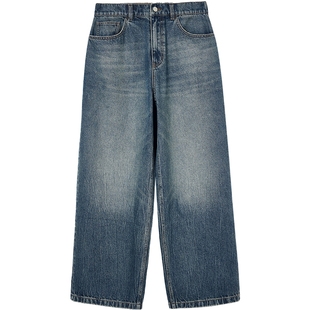 MLMR男装秋季新款百搭风宽松阔腿水洗做旧简约纯棉长裤牛仔裤男女