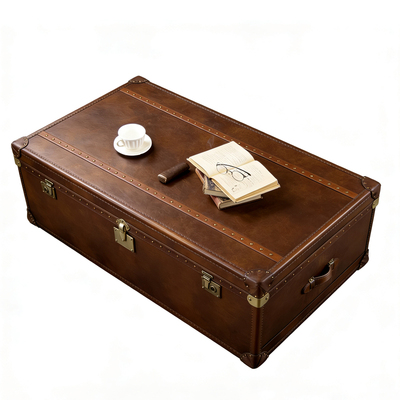 美式复古实木油蜡真皮储物茶几