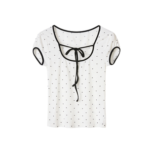 【黑桃情诗】Uena美式复古白色爱心印花胸前绑带修身短袖方领T恤