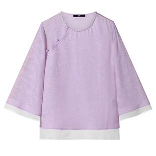 中国丝绸隆鹊【毛明山 彩蝶翩翩】三经绞罗紫珍珠上衣新中式时尚