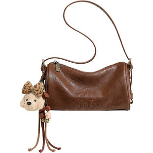 TOUTOU新款豹纹小狗圆筒包大容量波士顿笔筒腋下包可爱单肩斜挎包