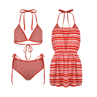 多巴胺法式条纹泳衣女绝美气质抹胸连衣裙收腰显瘦遮肉温泉沙滩风