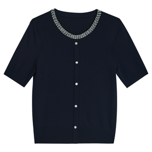 YINER音儿专选2025夏季新款法式短袖钉珠领薄款针织衫多色轻上衣