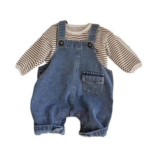 婴儿衣服春秋款韩版童装男女宝宝牛仔连体衣九分裤小童牛仔背带裤