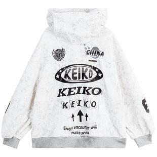 KEIKO 痞帅运动风织条连帽卫衣女26春季美式街头印花灰色宽松外套