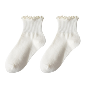 木耳边袜子女中筒袜夏季纯棉底黑白色公主袜松口花边夏天长筒长袜