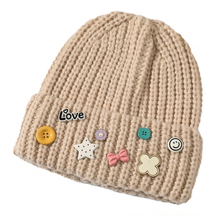 可爱纽扣针织帽子女生2025新款秋冬天季保暖百搭毛线包头帽大头围
