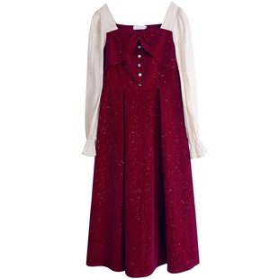 亮片红色敬酒服胖莹莹大码女装秋冬蝴蝶结内搭拼接丝绒收腰连衣裙